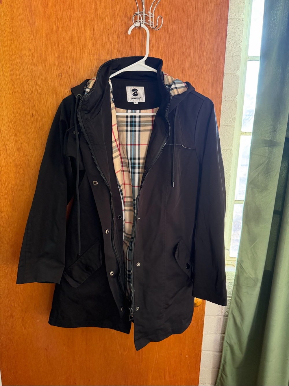 Sawirose Plaid-Lined Black Hooded Coat - Size S